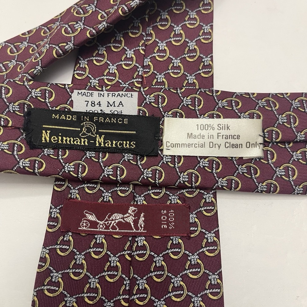 Hermes Men's Tie Rope Rings Burgundy Gray 100% Silk 784 MA 3" x 55" France - Picture 4 of 4